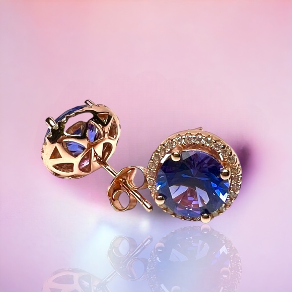 Tanzanite Halo Earrings Handcrafted 18K Rose Gold Vermeil , December Birthstone - Picture 6 of 7